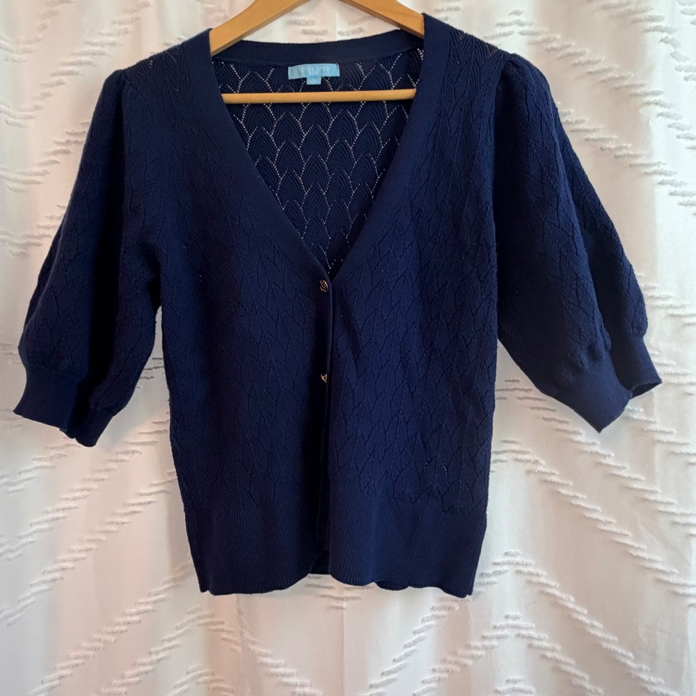 Draper James RSVP Navy Blue Pointelle Chevron Puff Sleeve Cardigan Sweater Large